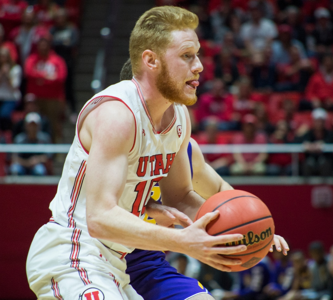 (Rick Egan  |  The Salt Lake Tribune)    Utah Utes guard Jake Connor (10) takes the ball inside in NIT playoff action between Utah Utes and LSU Tigers at the Jon M. Huntsman Center, Monday, March 19, 2018.