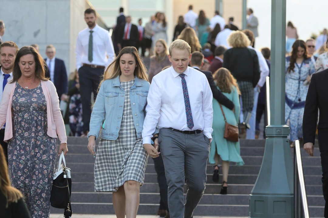 (Rick Bowmer | AP) People arrive for The Church of Jesus Christ of Latter-day Saints' twice-annual church conference Saturday, Oct. 5, 2019, in Salt Lake City. Nelson has rolled out a dizzying number of policy changes during his first two years at the helm of the faith, leading to heightened anticipation for what he may announce at this weekend's conference in Salt Lake City.