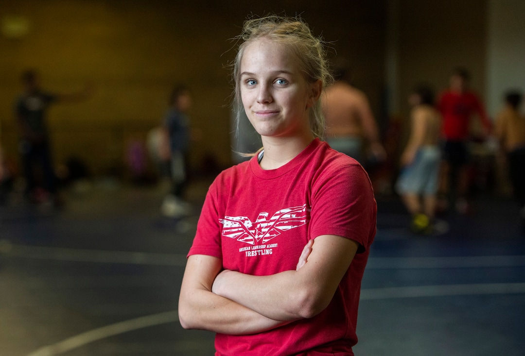 (Rick Egan | The Salt Lake Tribune)   Sage Mortimer, the best female wrestler in Utah and one of the best in the country, at American Leadership Academy, Thursday, Feb. 4, 2021.