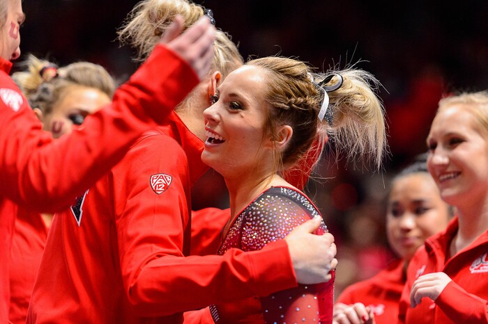 Trent Nelson  |  The Salt Lake Tribune
MyKayla Skinner celebrates her 9.9 floor routine as the University of Utah hosts Michigan, NCAA gymnastics at the Huntsman Center in Salt Lake City, Saturday January 7, 2017.