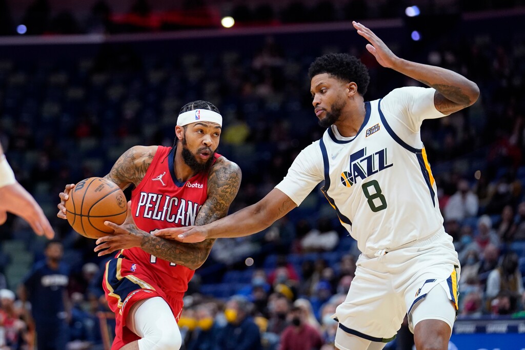 (Gerald Herbert | AP) New Orleans Pelicans forward Brandon Ingram drives to the basket against Utah Jazz forward Rudy Gay (8) in the first half of an NBA basketball game in New Orleans on Monday.