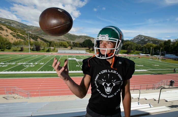 (Steve Griffin  |  The Salt Lake Tribune)  South Summit quarterback Kael Atkinson during practice in Kamas, Utah Tuesday September 26, 2017.