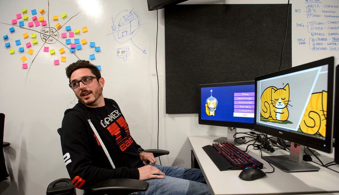 (Steve Griffin  |  The Salt Lake Tribune) Robert Bare, a student in the University of Utah's Entertainment Arts & Engineering department (EAE), runs through the demonstration of his game Zoom Zoom Newton during the department's  two-day event celebrating its 10th anniversary at the University of Utah in Salt Lake City Monday April 30, 2018. Tuesday is EAE Launch Day, where  students show off their game designs and finished games.
