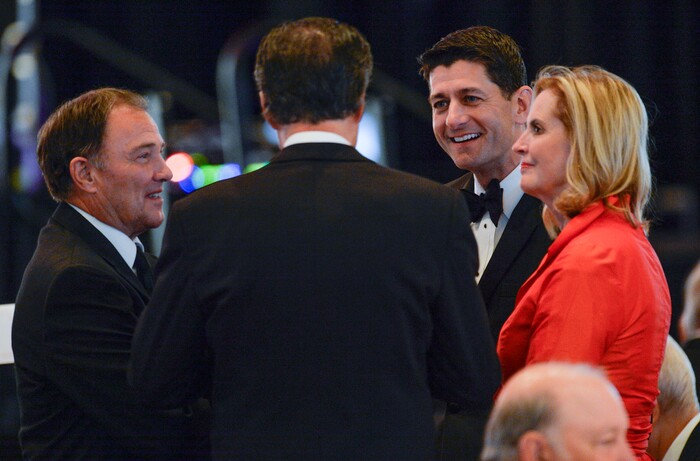 Leah Hogsten | The Salt Lake Tribune
U. S. House Speaker Paul Ryan chats with Governor Gary Herbert, Republican Senate candidate Mitt Romney and Ann Romney during a ceremony honoring Utah Senator Orrin G. Hatch, Saturday, June 9, 2018, at the Grand America Hotel in Salt Lake City. The Salt Lake Chamber awarded Sen. Hatch with the 39th Giant in Our City, for his exceptional and distinguished service and extraordinary professional achievement throughout his political career.