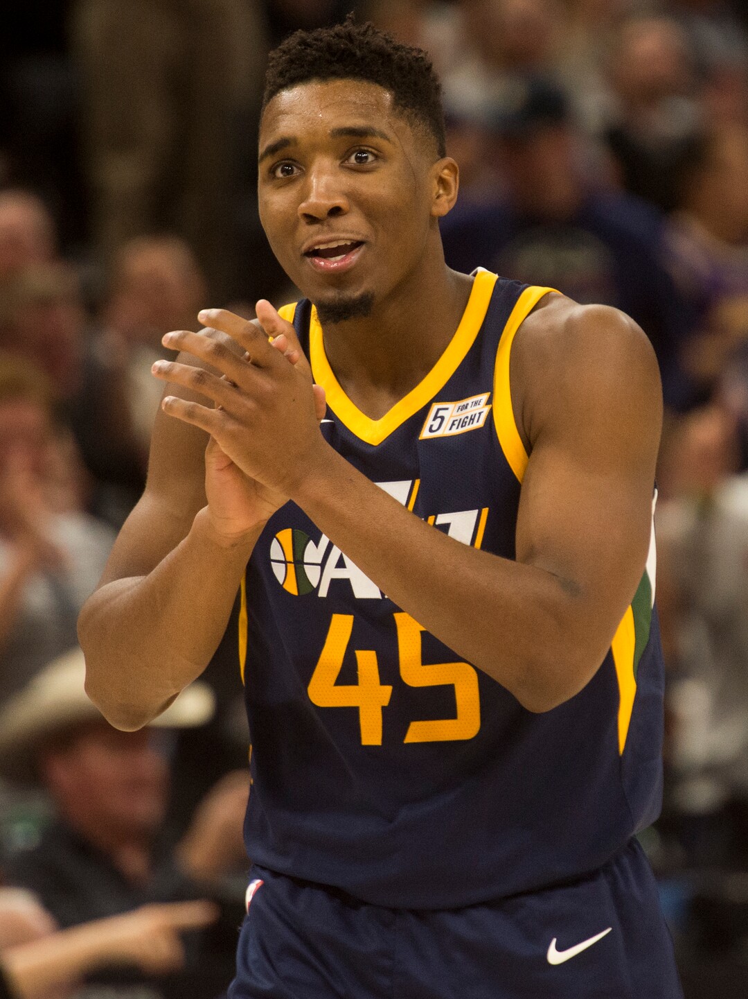 (Rick Egan  |  The Salt Lake Tribune)   Utah Jazz guard Donovan Mitchell (45) reacts after hitting a big three-pointer late in the game, in NBA action, Utah Jazz vs. Los Angeles Lakers, in Salt Lake City, Saturday, October 28, 2017.