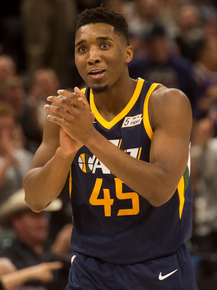 (Rick Egan  |  The Salt Lake Tribune)   Utah Jazz guard Donovan Mitchell (45) reacts after hitting a big three-pointer late in the game, in NBA action, Utah Jazz vs. Los Angeles Lakers, in Salt Lake City, Saturday, October 28, 2017.


