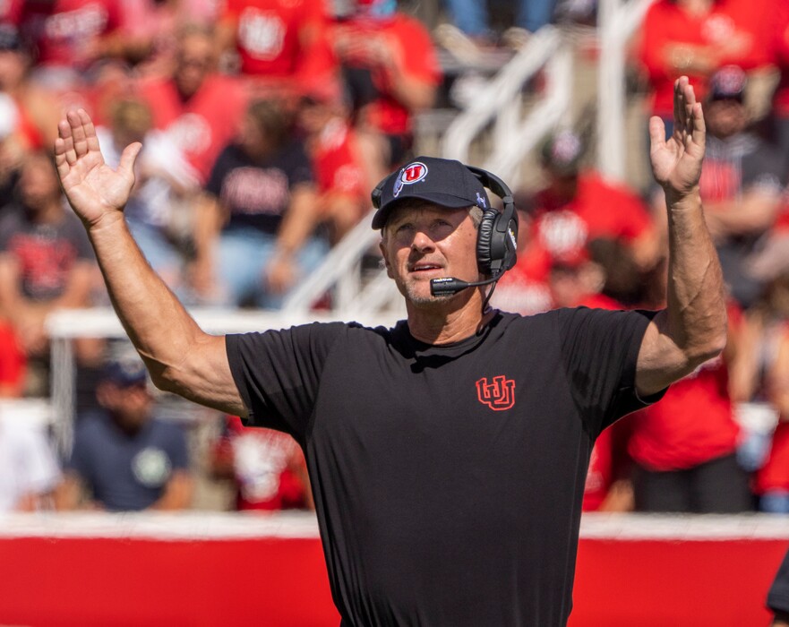 (Rick Egan | The Salt Lake Tribune)  Utah Utes head coach Kyle Whittingham signals a touchdown as the officials review Risings touchdown, in PAC 12 football action between the Utah Utes and the Oregon State Beavers, at Rice-Eccles Stadium in Salt Lake City, on Saturday, Oct. 1, 2022.
