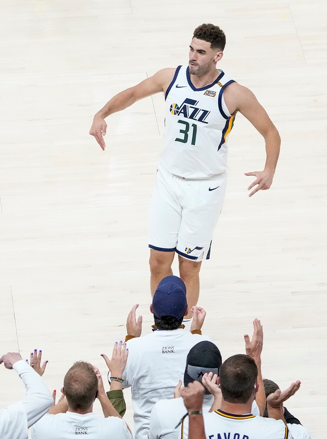 (Leah Hogsten | The Salt Lake Tribune) Utah Jazz forward Georges Niang (31) celebrates his 3-pointer as the Utah Jazz take on the Memphis Grizzlies during Game 1 of the first-round playoffs at Vivint Arena, May 23, 2021.