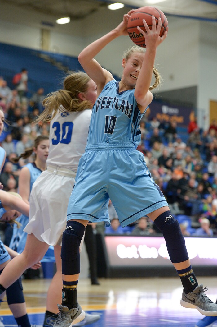(Leah Hogsten  |  The Salt Lake Tribune) Fremont's Kallin Freestone (10) pulls in the rebound.  Fremont faces Westlake in their semifinal game of the 6A High School Girls' Basketball Tournament at SLCC in Taylorsville, Friday, Feb. 23, 2018. 