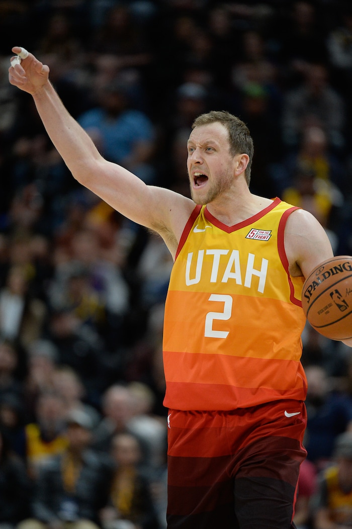 (Francisco Kjolseth  |  The Salt Lake Tribune)  Utah Jazz forward Joe Ingles (2) shouts to his teammates while battling the Pistons in the first half of their NBA game at Vivint Smart Home Arena Monday, Jan. 14, 2019, in Salt Lake City.