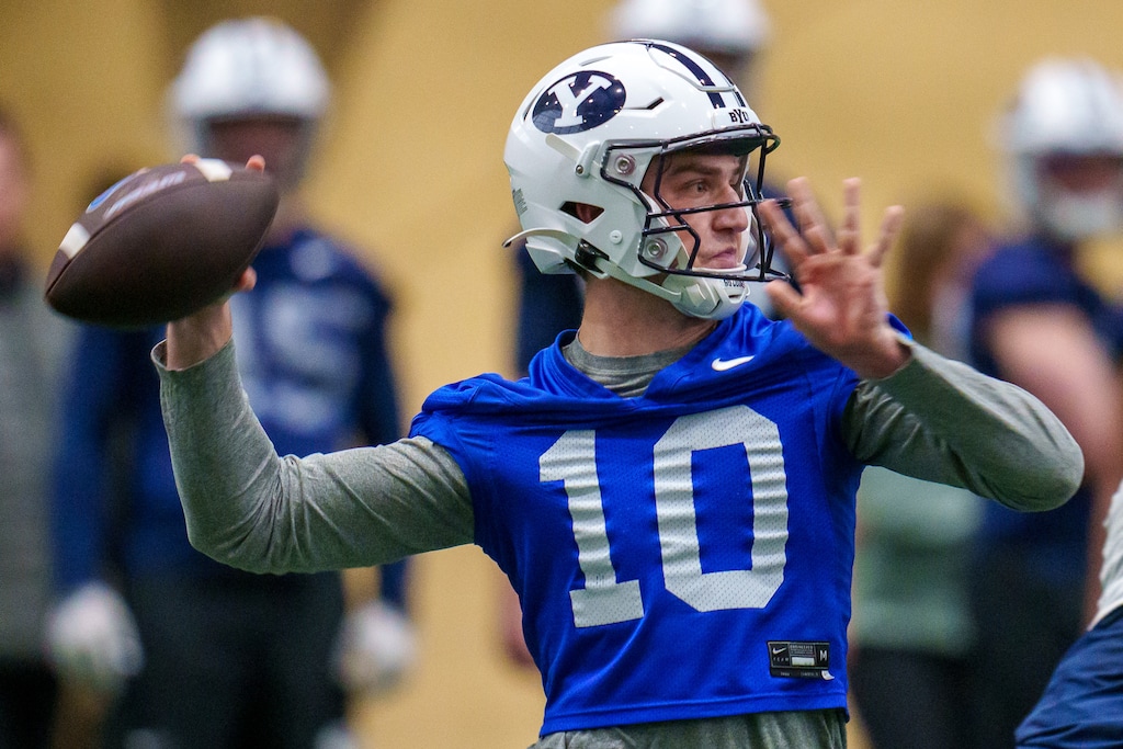 (Trent Nelson  |  The Salt Lake Tribune) Kedon Slovis at BYU football practice in Provo on Monday, March 6, 2023.
