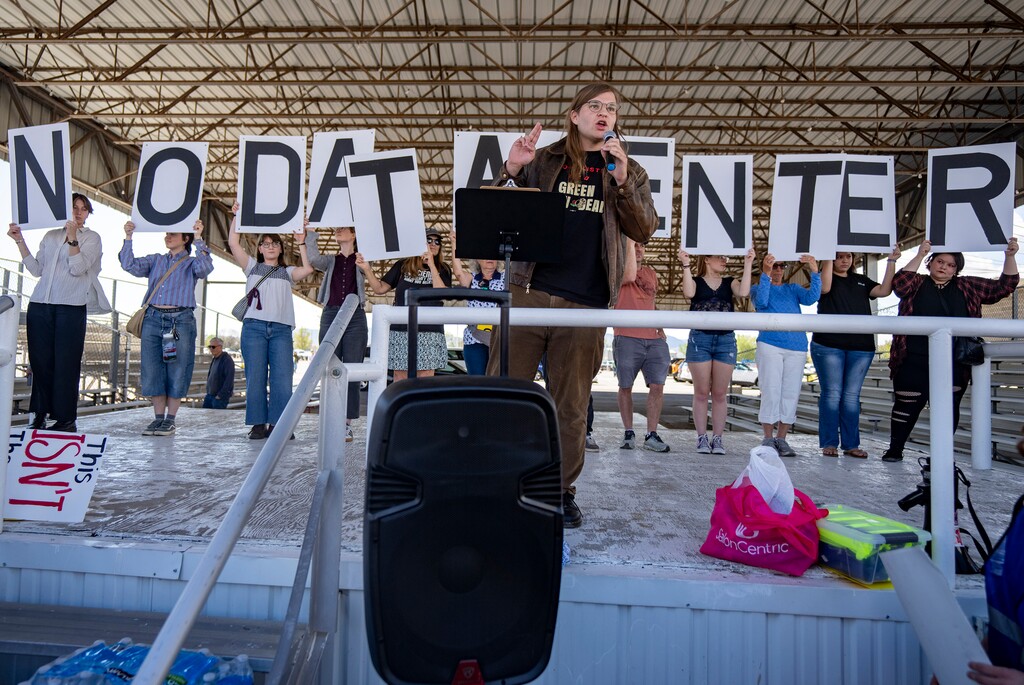 (Rick Egan | The Salt Lake Tribune) Thor Dorosh speaks to protesters before a Box Elder County Commission meeting in Tremonton on Tuesday, May 4, 2026.