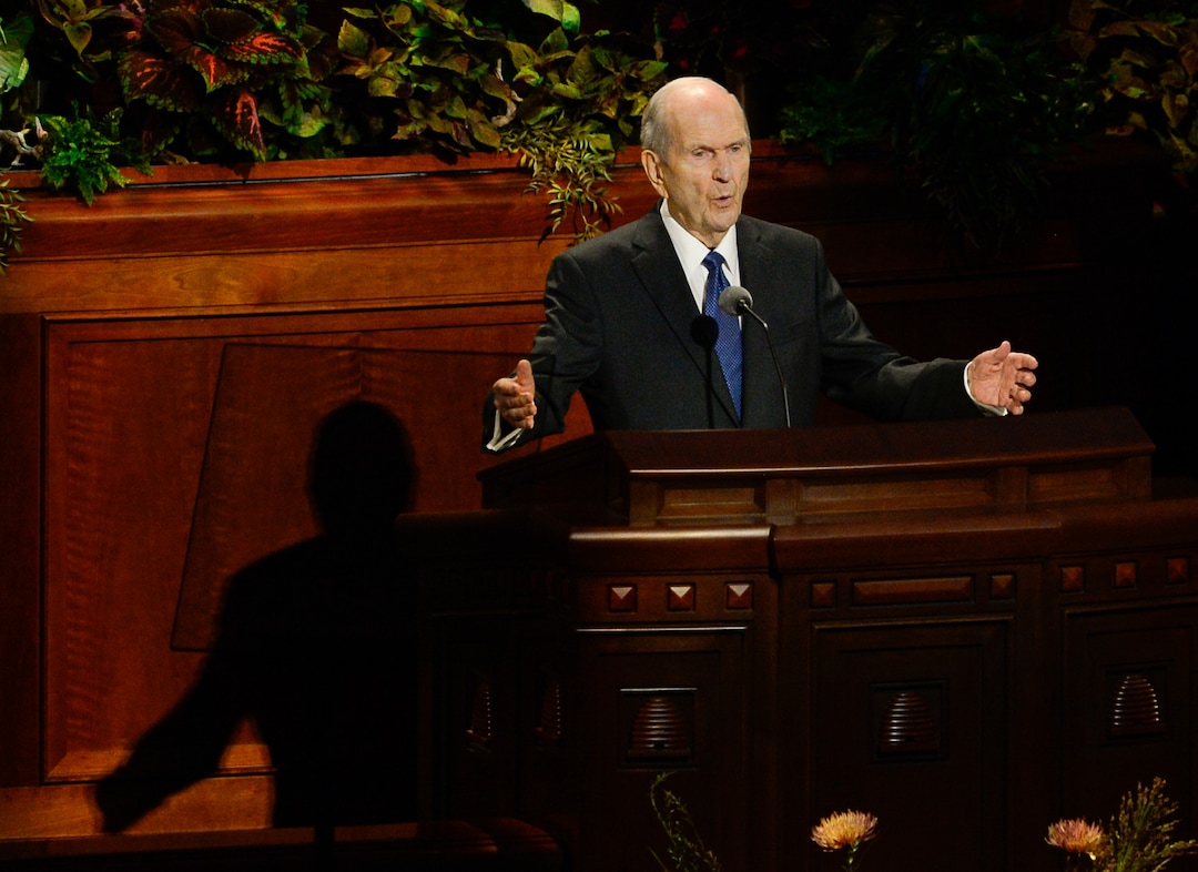 (Francisco Kjolseth  |  The Salt Lake Tribune)  President Russell M. Nelson speaks during the Sunday morning session of the 189th twice-annual General Conference of The Church of Jesus Christ of Latter-day Saints at the Conference Center in Salt Lake City on Sunday, Oct. 6, 2019.
