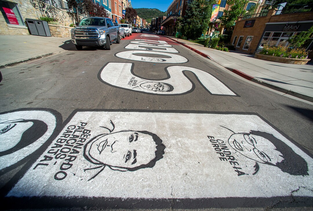 (Rick Egan  |  The Salt Lake Tribune)     Artists painted “Justicia Para Todos” on Main Street in Park City over the weekend, Monday, July 6, 2020.