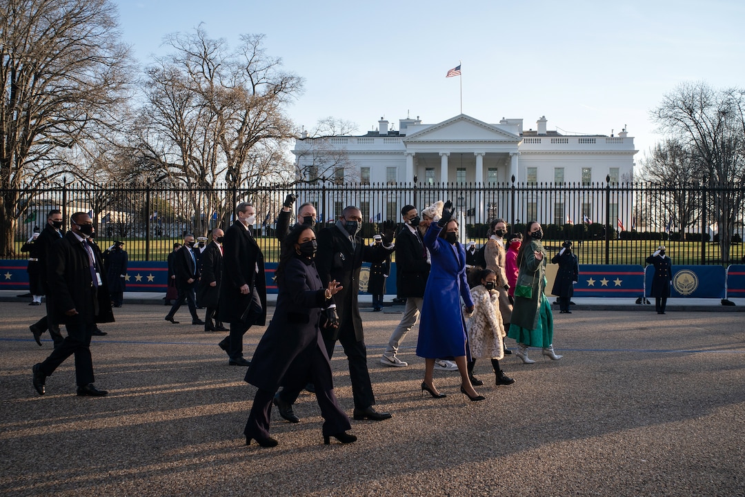 Vice President Kamala Harris and members of her family walk to the White House in Washington during Inauguration Day ceremonies on Wednesday, Jan. 20, 2021. (Todd Heisler/The New York Times)