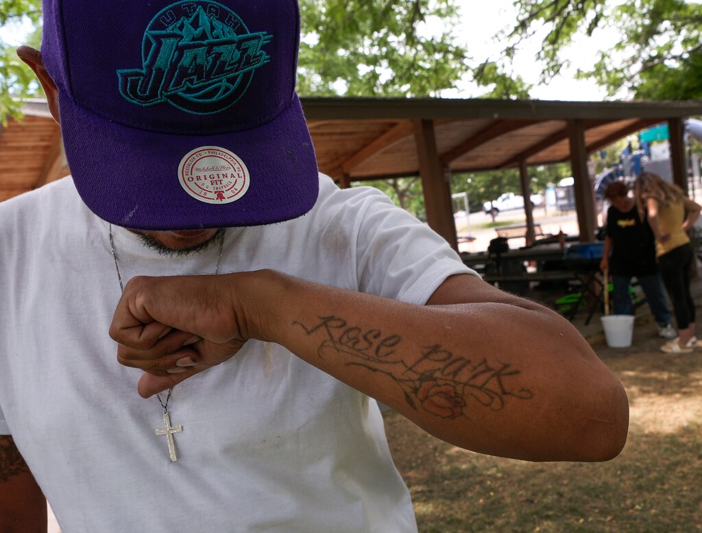 (Leah Hogsten | The Salt Lake Tribune) Thomas Alvarado, 40, who grew up in Rose Park, now lives just a few blocks away at an encampment in Cottonwood Park, Monday, Aug. 1, 2022. West-side Salt Lake City council members think legalized encampments could be one way to solve the homelessness crisis in Salt Lake City. Mayor Erin Mendenhall has her doubts.
