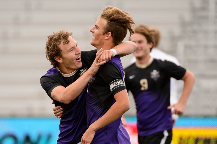 (Trent Nelson | The Salt Lake Tribune)  Desert Hills vs. Park City High School, Saturday May 12, 2018. Desert Hills's Kelton Holt and Walker Heaton celebrate a goal.