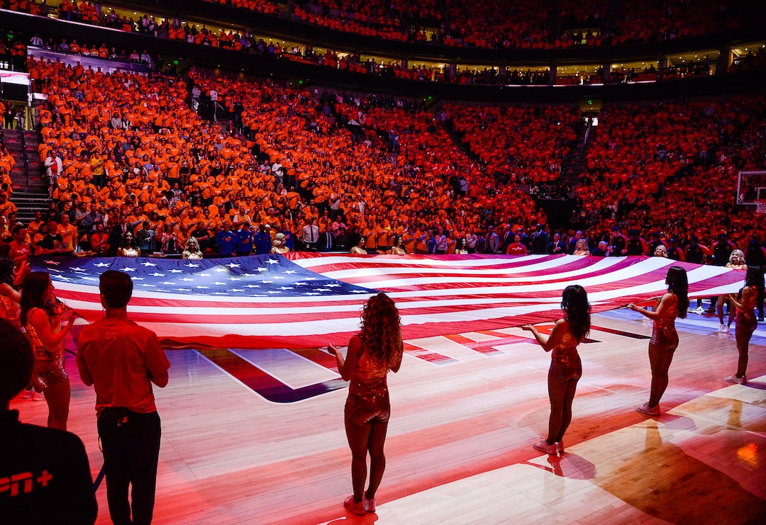 (Francisco Kjolseth  |  The Salt Lake Tribune)  A giant flag is held for the anthem prior to Game 3 of a first-round NBA basketball playoff series between the Jazz and the Rockets in Salt Lake City, Saturday, April 20, 2019.