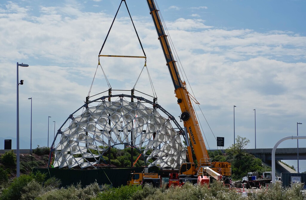 (Francisco Kjolseth | The Salt Lake Tribune) The iconic Hoberman Arch, a prominent relic of Utah’s 2002 Winter Olympics, is installed at Salt Lake City International Airport on Thursday, Aug. 24, 2023.