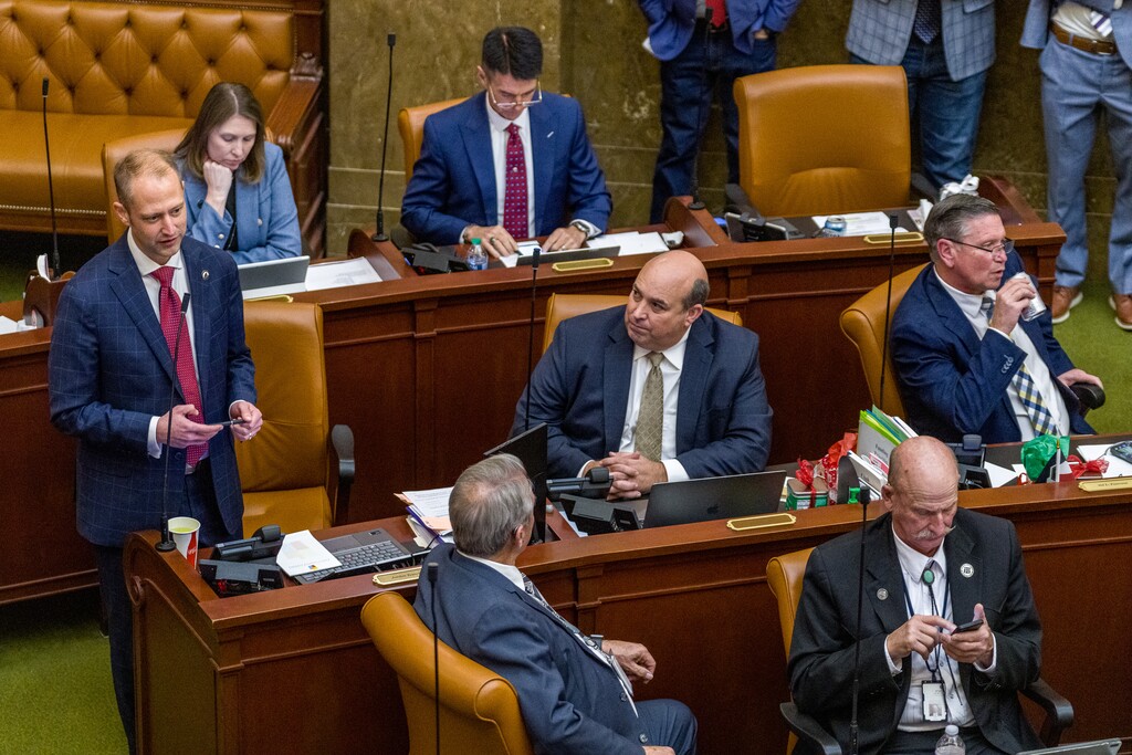 (Trent Nelson  |  The Salt Lake Tribune) Rep. Jordan Teuscher, R-South Jordan, talks about HB2001, a repeal of the anti-public union bill during a special session at the Utah Capitol in Salt Lake City on Tuesday, Dec. 9, 2025.