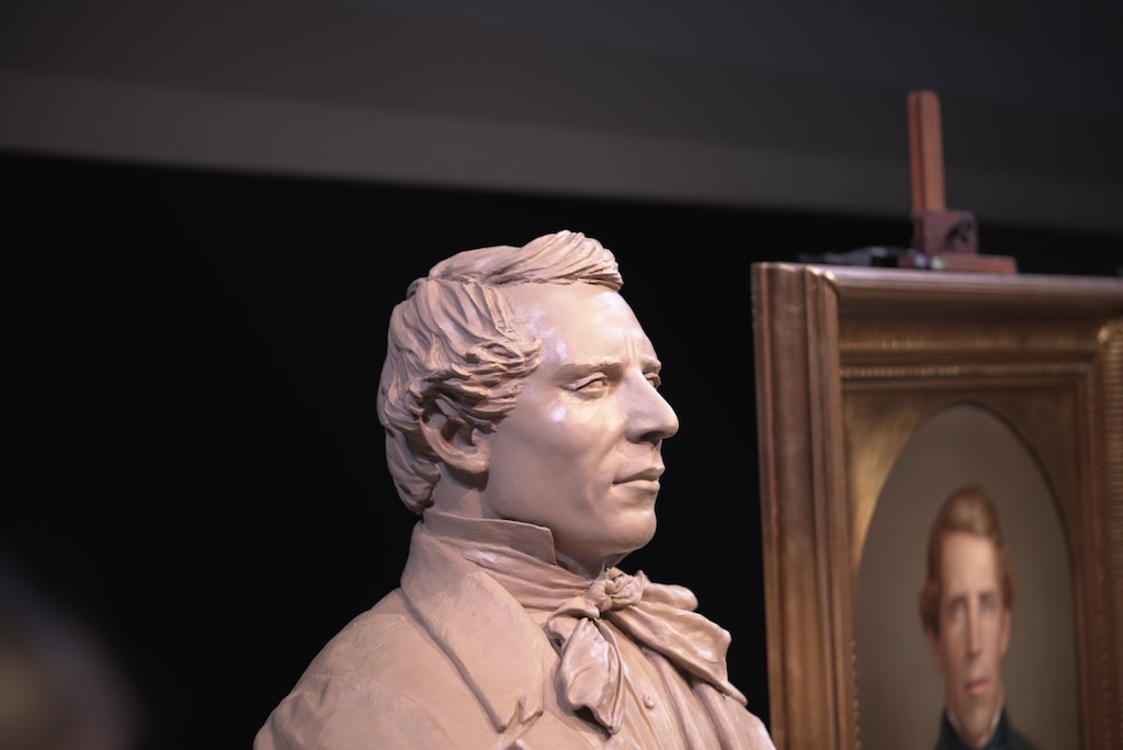 (Joshua Bishop) A new sculpture and painting of church founder Joseph Smith — based on an 1844 daguerreotype — by Latter-day Saint artist Joseph Brickey is unveiled at Utah Valley University on Saturday, June 27, 2026.