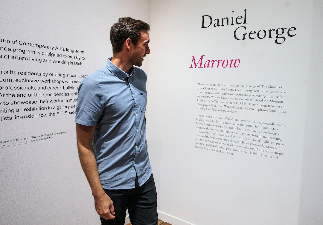 (Leah Hogsten | The Salt Lake Tribune) "Marrow" a photo exhibit by Daniel George  examines the culinary and cultural heritage of members of The Church of Jesus Christ of Latter-day Saints, Sept. 3 2021. George recreated and photographed dishes from Ward Cookbooks, including Funeral Potatoes, Casseroles, Jello creations, turning food into folk art.