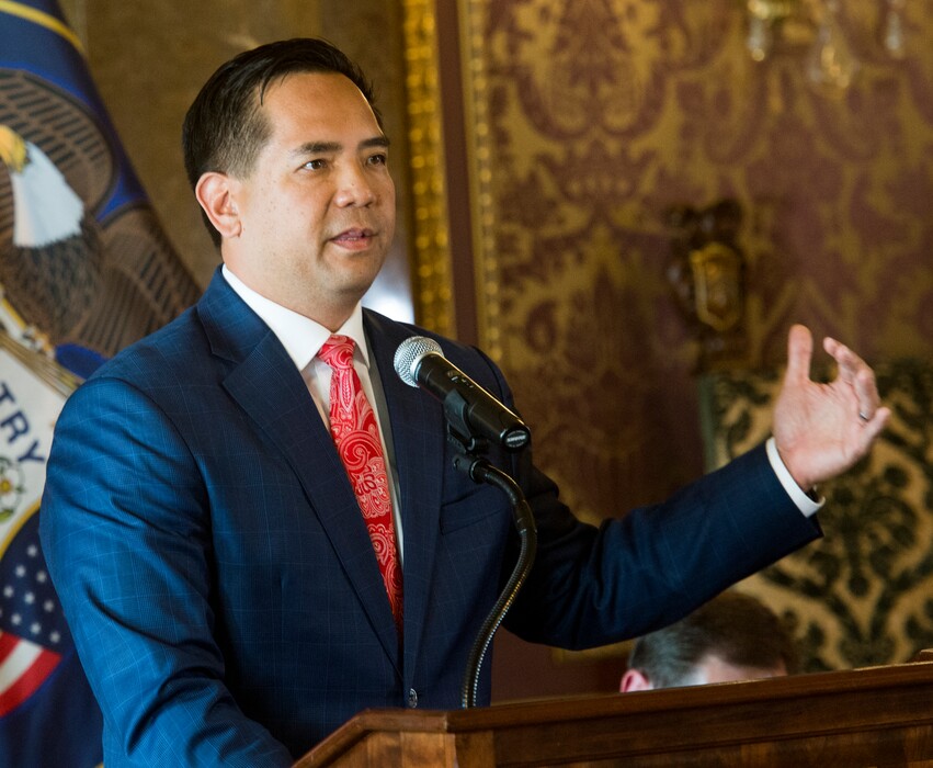 (Rick Egan  |  The Salt Lake Tribune)     Attorney General Sean Reyes speaks during a news conference about the National Suicide Prevention Hotline Improvement Act being signed into law. Tuesday, Aug. 21, 2018.