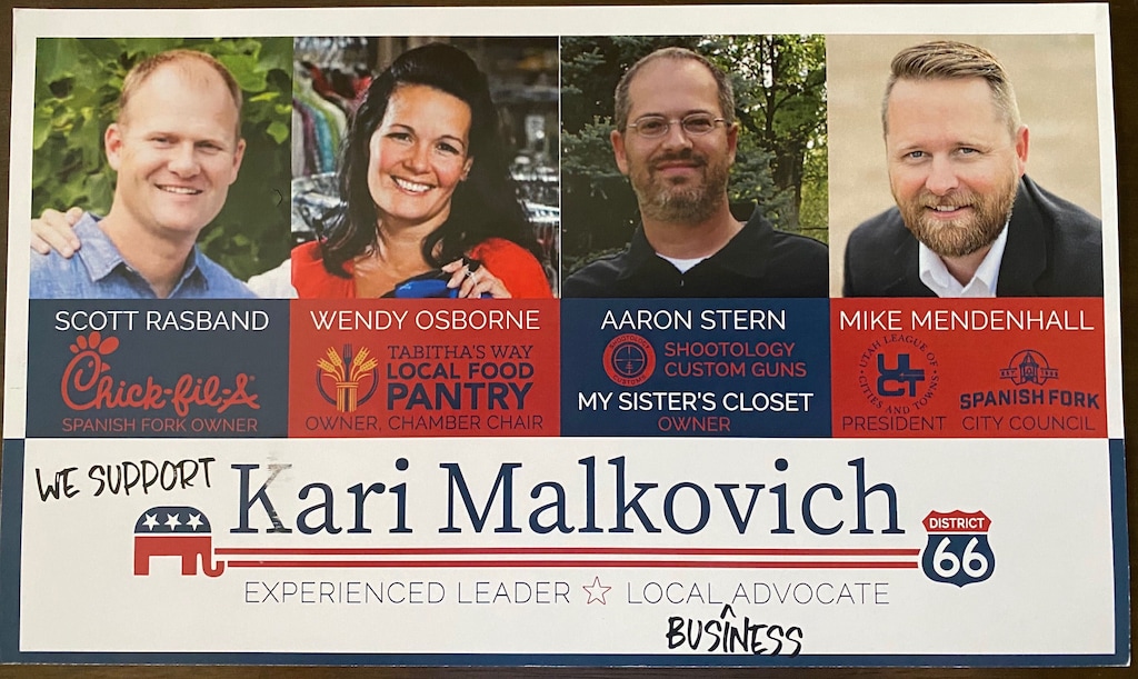 (Courtesy photo) Picture of a flyer with endorsements for legislative candidate Kari Malkovich. Spanish Fork says the ad improperly used a city logo, and Mike Mendenhall says he did not OK being included as an endorser.