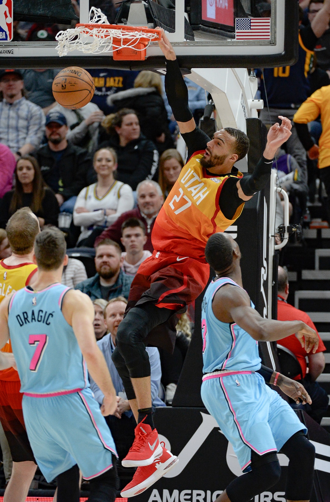 (Francisco Kjolseth  |  The Salt Lake Tribune) Utah Jazz center Rudy Gobert (27) gets an assist from Utah Jazz guard Joe Ingles (2) for a dunk in the final minutes as the Utah Jazz host the Miami Heat in their NBA basketball game at Vivint Smart Home Arena in Salt Lake City on Wednesday, Feb. 12, 2020. The Jazz won 116-101.