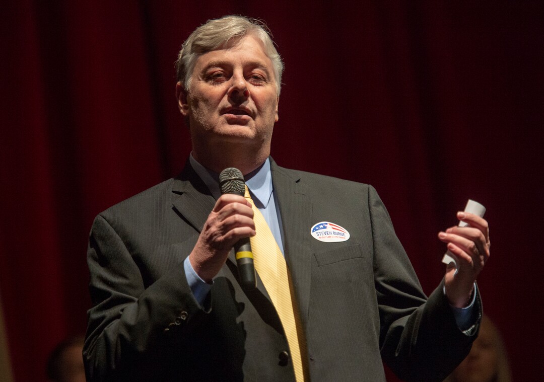 (Rick Egan  |  The Salt Lake Tribune)     Steven Burge, speaks to the Salt Lake County Democratic Party's Central Committee members, as one of 10 candidates vying the at-large Country Council seats left vacant by now-Salt Lake County Mayor Jenny Wilson, at Eisenhower Jr High, Saturday, Feb. 23, 2019.