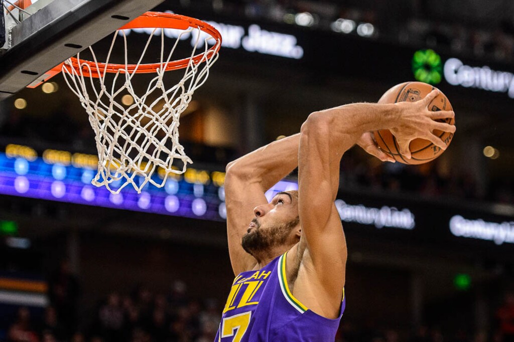 (Trent Nelson | The Salt Lake Tribune)  Utah Jazz center Rudy Gobert (27) dunks as the Utah Jazz host the New Orleans Pelicans, NBA basketball in Salt Lake City on Monday March 4, 2019.