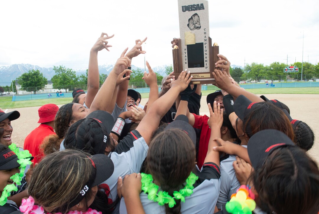 (Rick Egan  |  The Salt Lake Tribune)     West High celebrates their 5A State Championship win over the Bountiful Braves, in Taylorsville, Thursday May 30, 2019