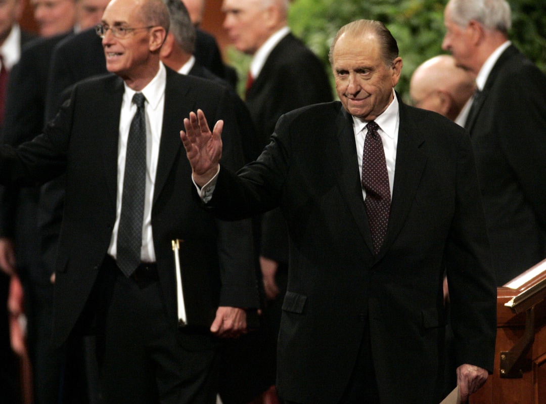 (Tribune file photo) LDS Church President Thomas Monson waves to the audience after speaking during the closing session of the LDS General Conference on October 5, 2008.