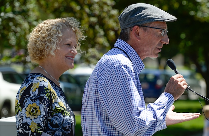 (Francisco Kjolseth  |  The Salt Lake Tribune)  Mayor Jackie Biskupski joins Bennion Elementary art teacher Paul Heath as he talks about his students art work that now decorates a utility box near the school. Salt Lake City schools alongside Bennion Elementary school kids and the mayor unveiled the final phase of its ColorSLC program, on Tuesday, Aug. 20, 2019, in which artwork from each of the district's elementary schools decorated utility boxes near each school.