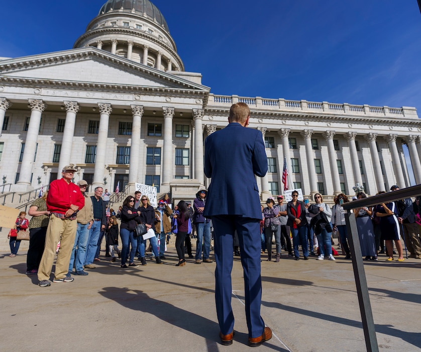 (Leah Hogsten | The Salt Lake Tribune) Rep. Steve Christiansen, R-West Jordan, speaks to activists pushing for a forensic audit of the 2020 election in Utah at the Capitol on Oct. 20, 2021. Christiansen invited the crowd to the 1pm Judiciary Interim Committee.
