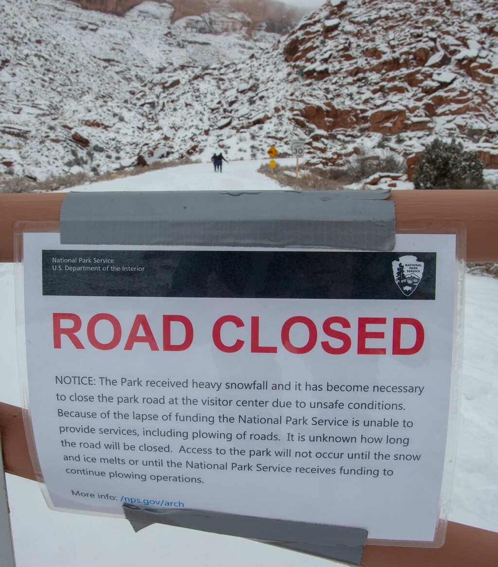 (Rick Egan  |  The Salt Lake Tribune)    The road inside Arches National Park remains closed due to the partial government shutdown.  Sunday, Jan. 6, 2019.