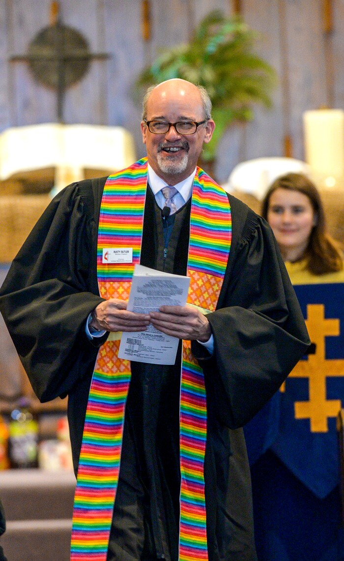 Leah Hogsten | The Salt Lake Tribune Rev. Rusty Butler and the congregation at Christ United Methodist Church were awash in rainbows during Sunday services, March 3, 2019 in a show of solidarity for its LGBTQ members. Last week in St. Louis, international delegates for the UMC voted to continue the faith’s ban on same-sex weddings and ordination of LGBTQ clergy. Many pastors and congregations in Utah and the U.S. were disappointed by the vote, which could ultimately cause a split in the ranks.