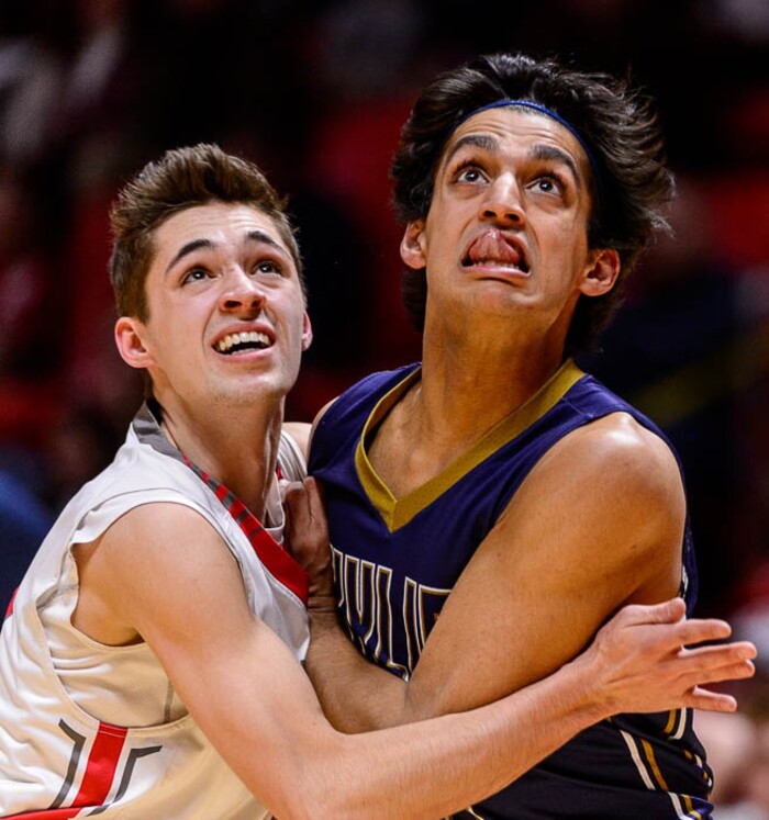(Trent Nelson | The Salt Lake Tribune)  Skyline vs. Bountiful, 5A State high school basketball tournament at the Huntsman Center in Salt Lake City, Wednesday Feb. 28, 2018. Bountiful's Jadon Chism (12) and Skyline's Anish Singh (0).
