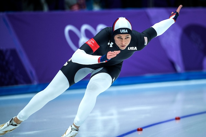(Chris Detrick  |  The Salt Lake Tribune) USA's Brittany Bowe competes in the Ladies' 500m at the Gangneung Oval during the Pyeongchang 2018 Winter Olympics Sunday, Feb. 18, 2018. Bowe finished in 5th place with a time of 37.530. 
