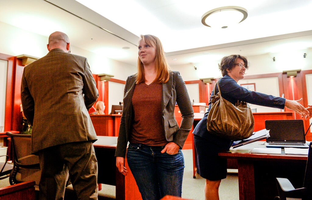 (Leah Hogsten | The Salt Lake Tribune) Tilli Buchanan smiles as she leaves Judge Kara Pettit's Third District Courtroom, Nov. 19, 2019. Her attorneys Leah Farrell with the AmericanÊCivil Liberties UnionÊof Utah and Randy Richards argued on her behalf that UtahÕs lewdness statute is unconstitutional because it discriminates against women. Buchanan is facing charges of lewdness involving a child after police say she took off her top while cleaning out the garage and her stepchildren saw her breasts. Judge Pettit is expected to rule in two months.