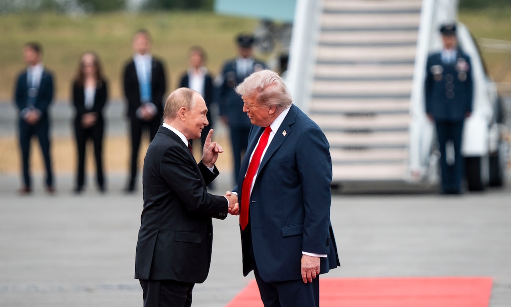 (Doug Mills | The New York Times) President Donald Trump and President Vladimir Putin of Russia shake hands as they met at Joint Base Elmendorf-Richardson in Anchorage, Alaska, on Friday, Aug. 15, 2025.