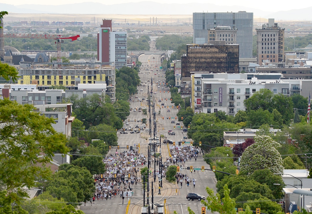 (Francisco Kjolseth  |  The Salt Lake Tribune) Demonstrators protesting against police brutality make their way to the University of Utah on Wednesday, June 3, 2020, in Salt Lake City, as the initially set 8 p.m. weeklong curfew was removed.