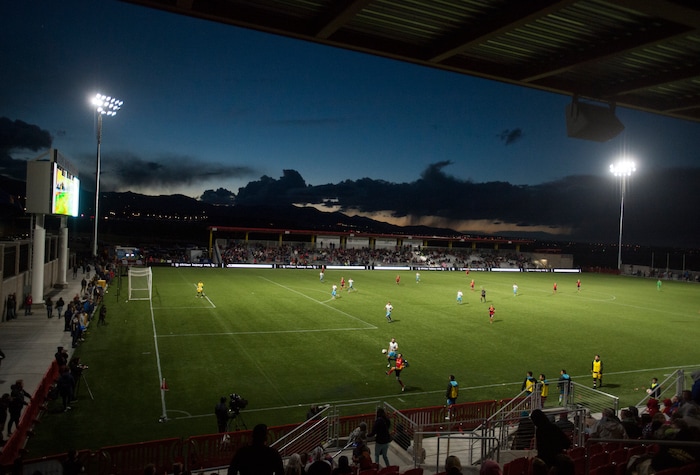 (Rick Egan  |  The Salt Lake Tribune)      The Real Monarchs play the Las Vegas Lights FC at the new Zions Bank Stadium in, Herriman, Monday, April 30, 2018.


