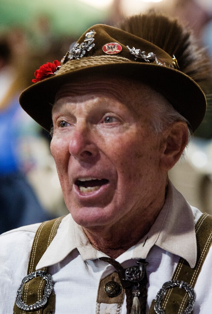 (Rick Egan  |  The Salt Lake Tribune)   Walter Schwemmer sings along to Salzburger Echo, at the Oktoberfest celebration at Snowbird. Sunday, Sept. 30, 2018.