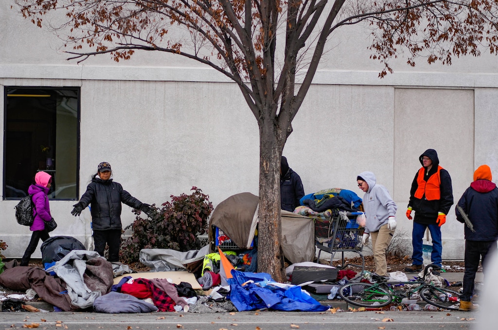 (Francisco Kjolseth | The Salt Lake Tribune) A homeless camp is cleared out in front of the Fourth Street Clinic in downtown Salt Lake City on Wednesday, Feb. 15, 2023. 
