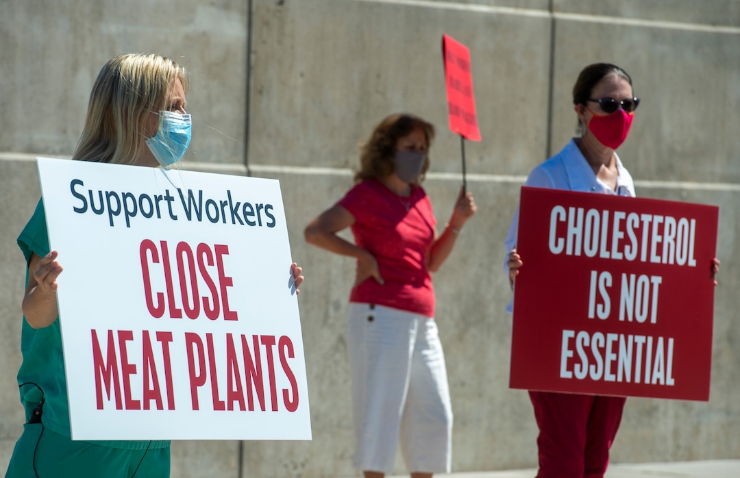 (Rick Egan  |  The Salt Lake Tribune) Protesters gather at the State Capitol, as the Physicians Committee for Responsible Medicine is asking Gov. Herbert to close meatpacking plants in the state to slow the spread of the coronavirus, Thursday, July 30, 2020.