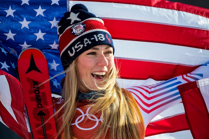 (Chris Detrick  |  The Salt Lake Tribune)  USA's Mikaela Shiffrin celebrates after winning gold in the Ladies' Giant Slalom at Yongpyong Alpine Centre during the Pyeongchang 2018 Winter Olympics Thursday, Feb. 15, 2018.  Shiffrin won the event with a time of 2:20.02.