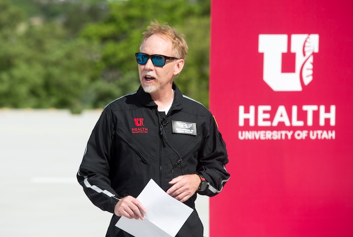 (Rick Egan  |  The Salt Lake Tribune)       Eric Swanson, MD, AirMed Medical Director, talks about AirMed and  40 years of live saving care provided by the U of U AirMed crew.  The University of Utah serves the single biggest geographic area of any academic medical center in the United States.  
Thursday, May 31, 2018.


