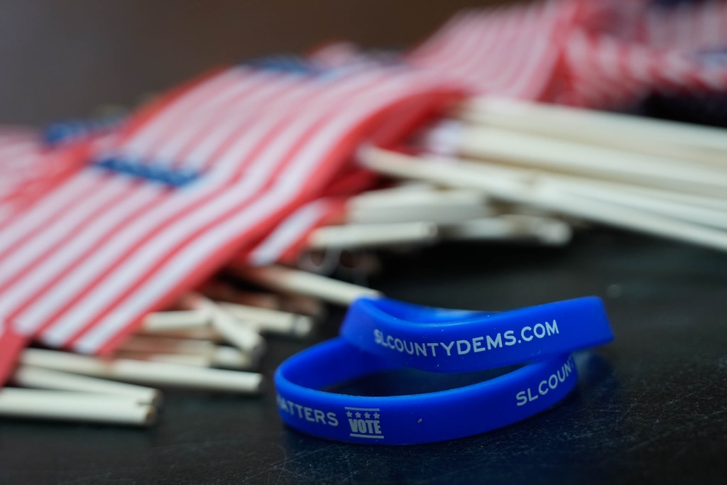 (Francisco Kjolseth | The Salt Lake Tribune) People gather for the Salt Lake County Democratic Party's convention at Highland High School on Saturday, April 11, 2026.