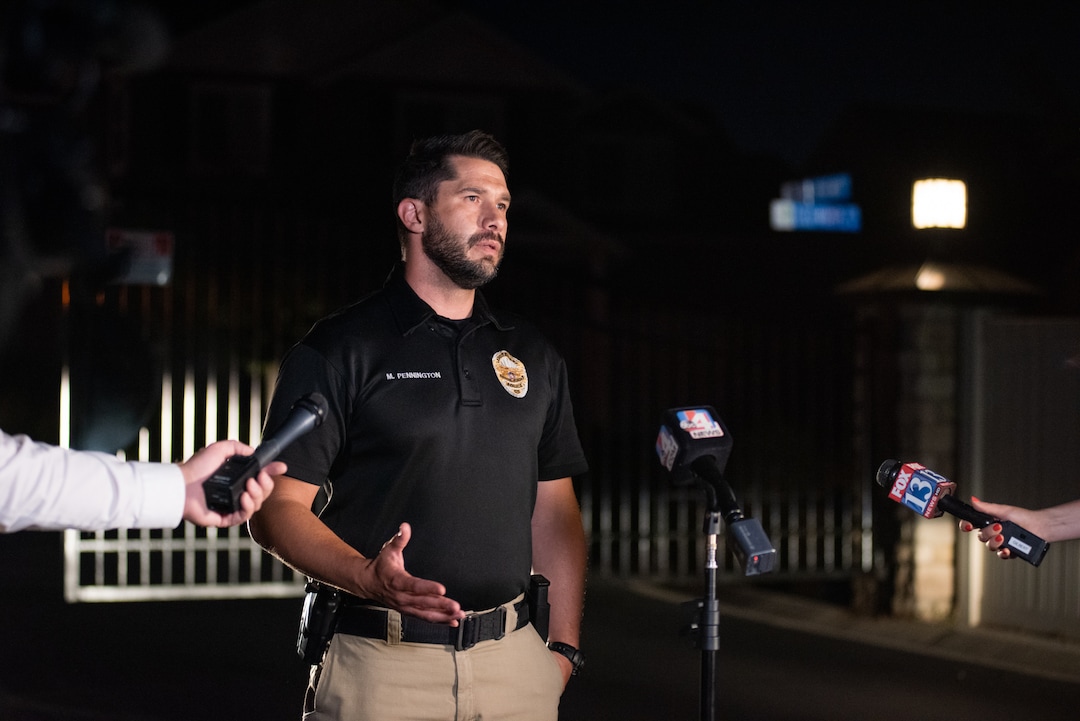 (Niki Chan Wylie for The Salt Lake Tribune) South Jordan Lt. Matt Pennington talks to the media on Friday, July 24 after a police team detonated explosive materials found inside a home.
